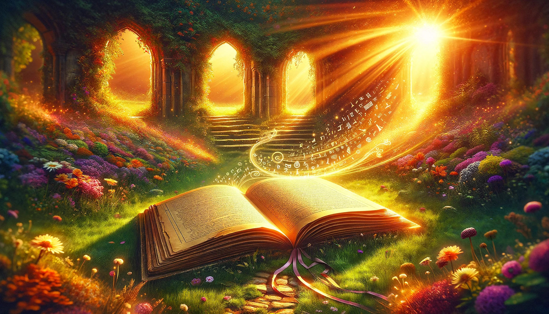 Lush meadow with glowing book and stone archways